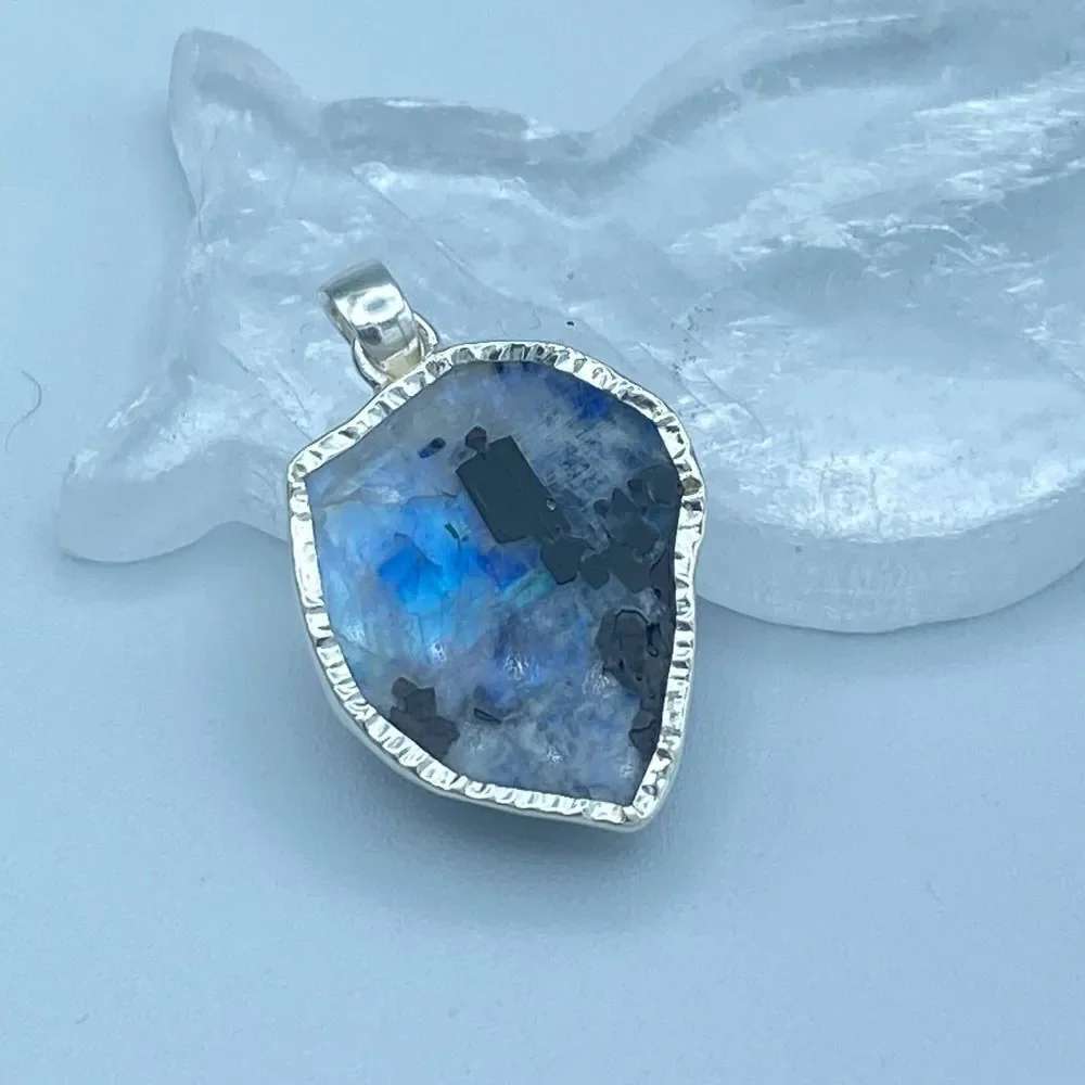 Black Tourmaline In Rainbow Moonstone Slice Sterling Silver Pendant